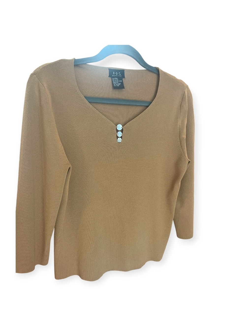 R.Q.T. Knit Long Sleeve V-Neck Top in Camel with Button Detail
